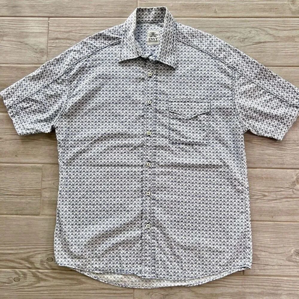Envy Mens White Blue Skull Print Short Sleeve Button-Up Shirt Size Large
